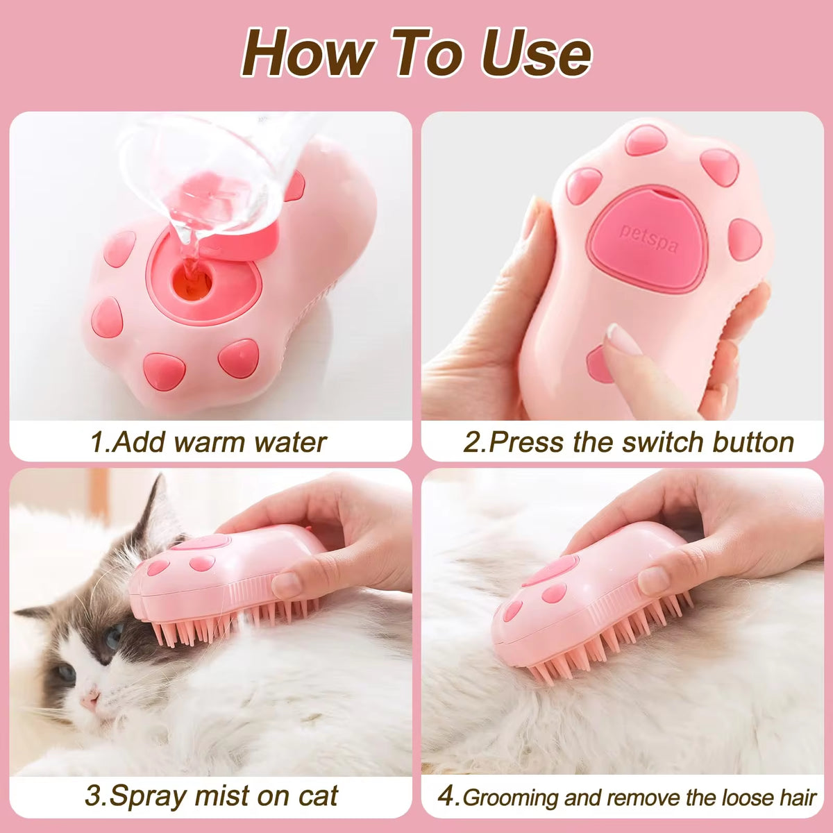 3-in-1 Electric Steam Grooming Brush for Cats & Dogs — Rechargeable Pet Hair Remover